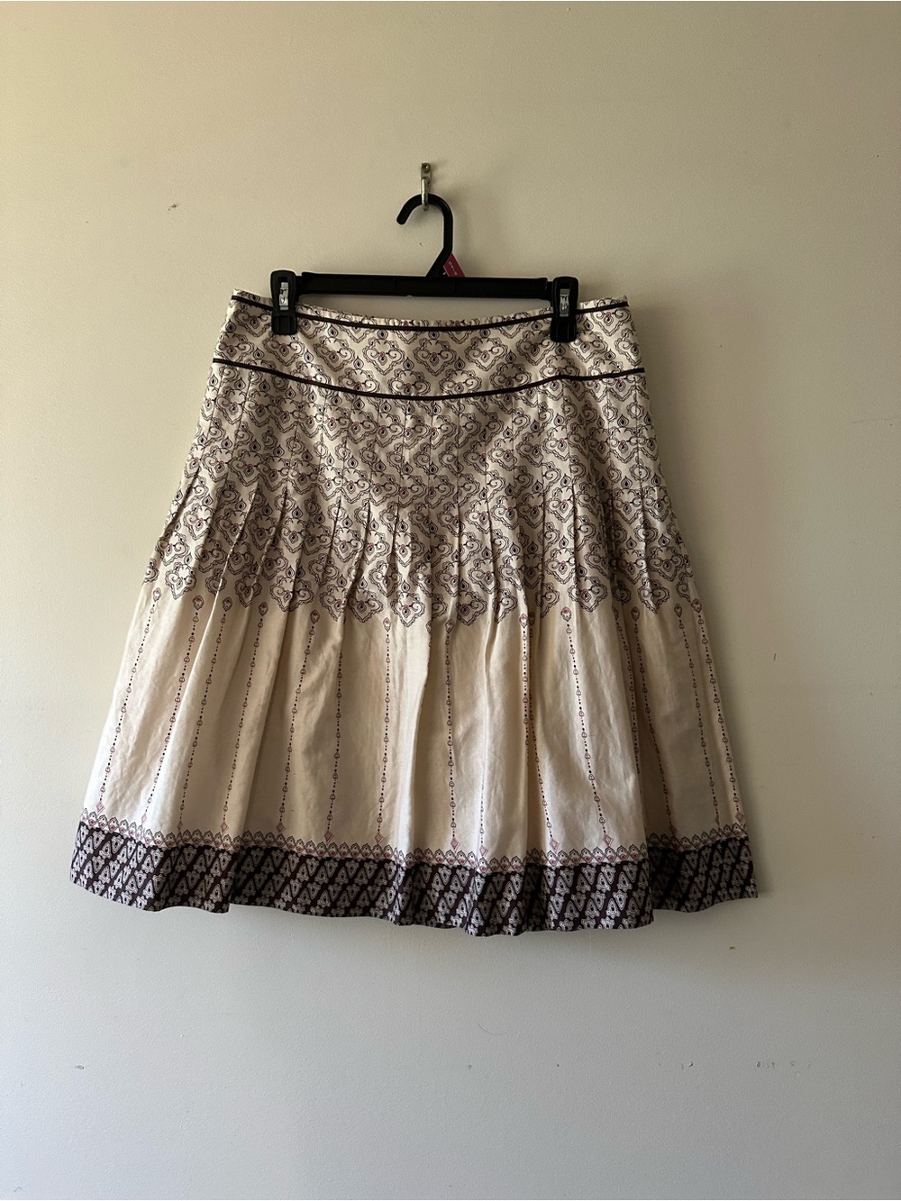 LOFT Cream A-Line Skirt with Brown Geometric Border